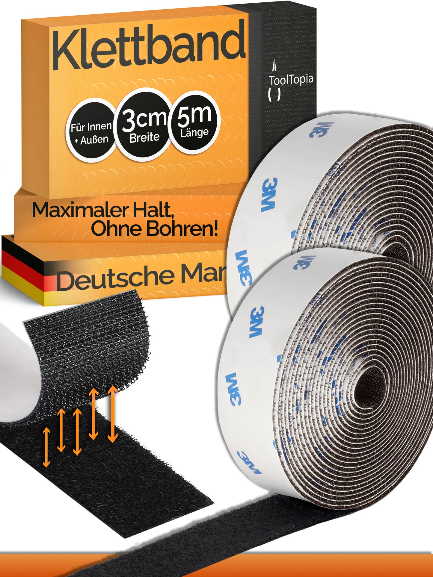 Klettband Selbstklebend Extra Stark - Schwarz